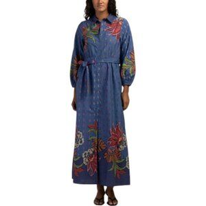 CELINA MOON Long Sleeve Denim Floral Maxi Dress With Belt